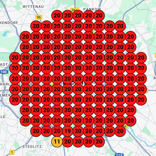 Mapa lokalna: firma niewidoczna, pozycje 20+ w całym obszarze